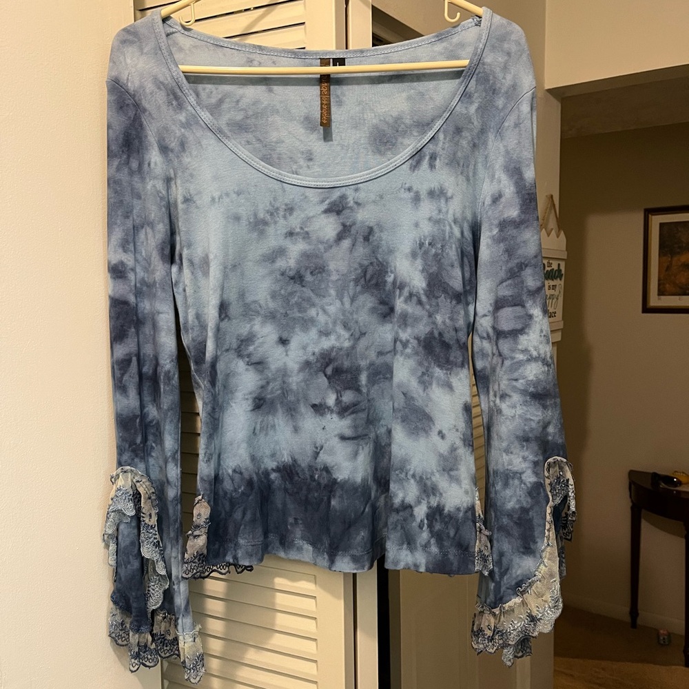 Language Los Angeles Lacy Embroidered Tie-Dye Top, Size Large